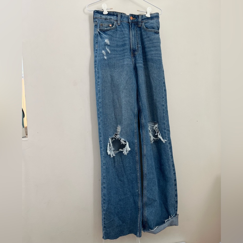H&M wide leg denim, distressed, size 2